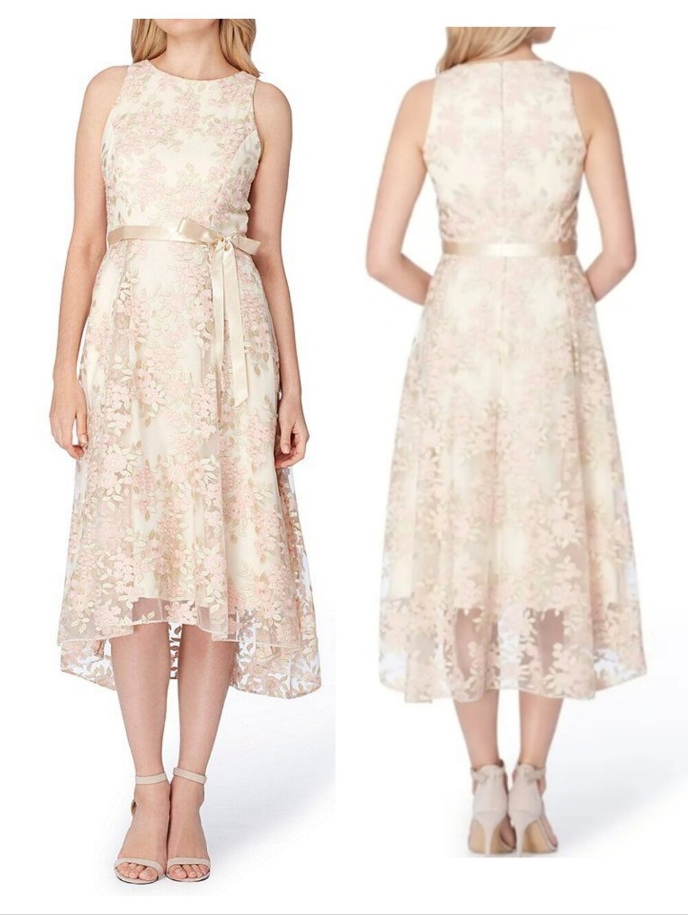 Tahari ASL  floral embroidered high-low Midi dress champagne Cream Blush Size 12
